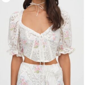 For Love & Lemons Diana Embroidered Printed Patchwork Floral lace Corset Top